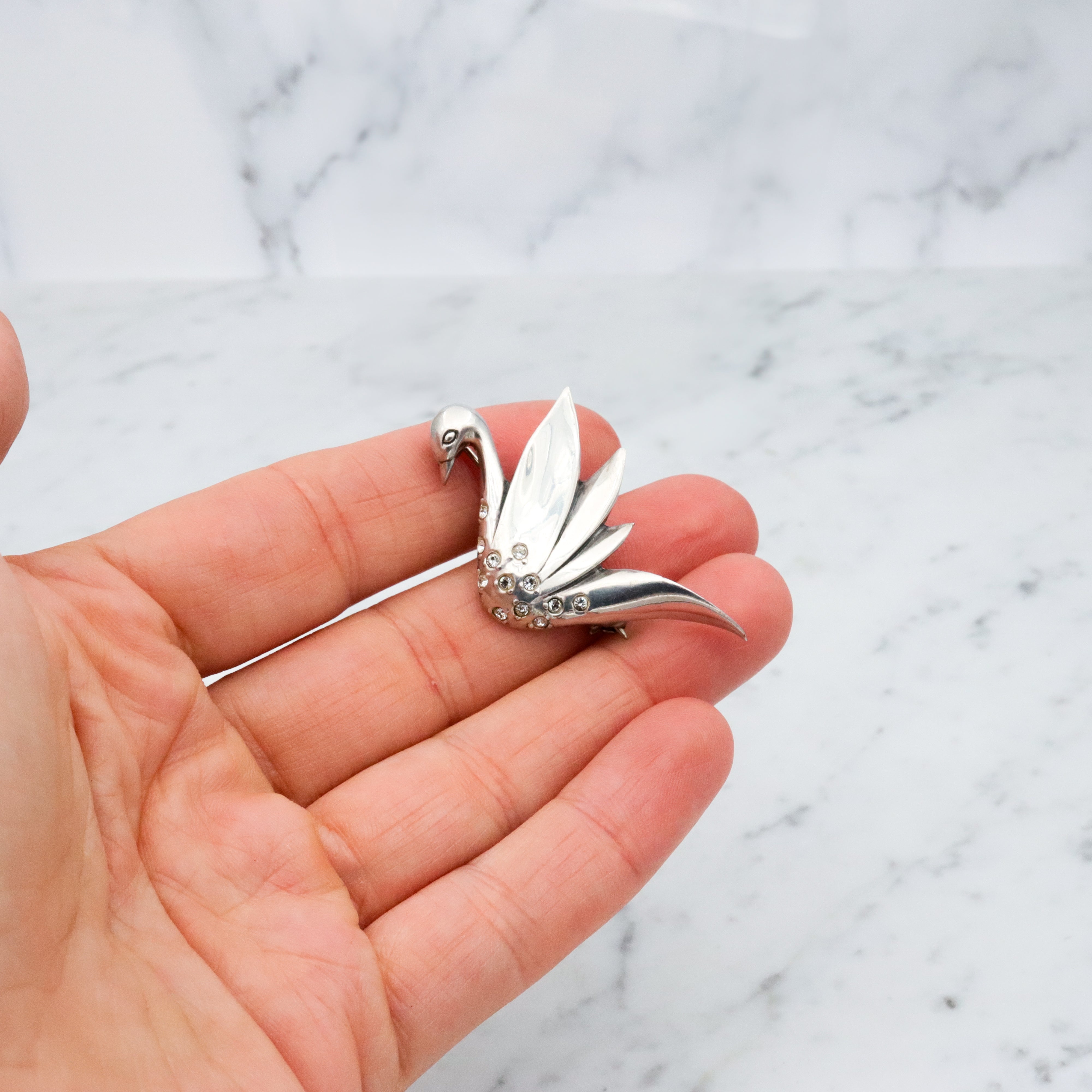 Vintage sterling Jezlaine rhinestone swan brooch